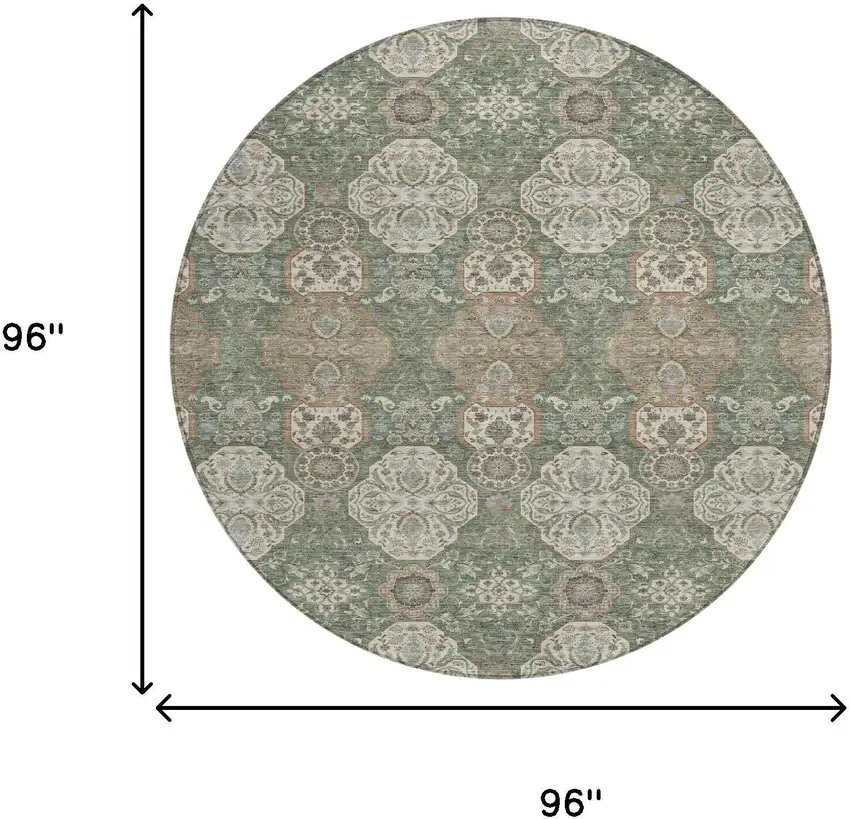 8' Green And Brown Round Floral Washable Indoor Outdoor Area Rug Photo 7