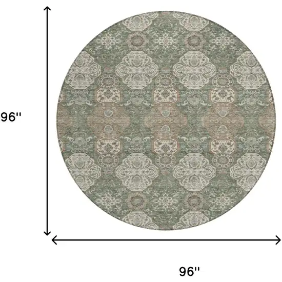 8' Green And Brown Round Floral Washable Indoor Outdoor Area Rug Photo 7