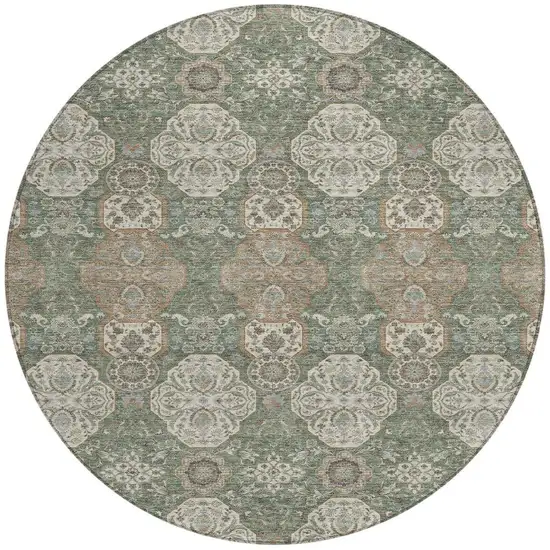 8' Green And Brown Round Floral Washable Indoor Outdoor Area Rug Photo 4
