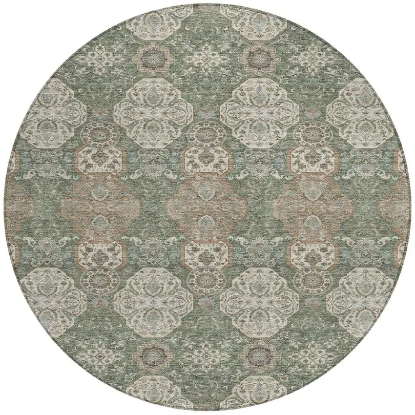 8' Green And Brown Round Floral Washable Indoor Outdoor Area Rug Photo 4