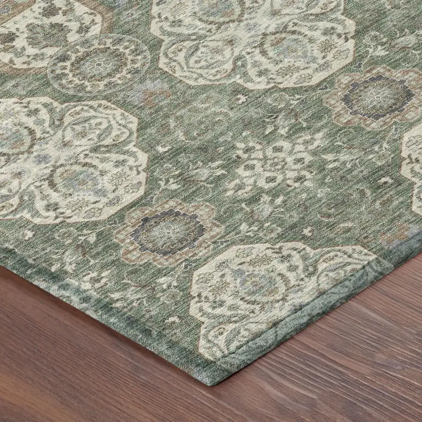 8' Green And Brown Round Floral Washable Indoor Outdoor Area Rug Photo 5