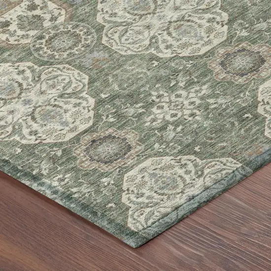 8' Green And Brown Round Floral Washable Indoor Outdoor Area Rug Photo 5