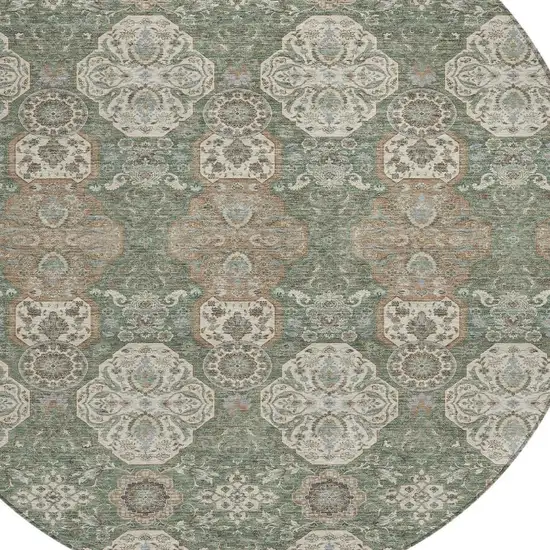 8' Green And Brown Round Floral Washable Indoor Outdoor Area Rug Photo 3