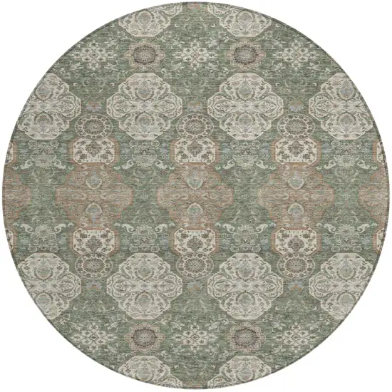 8' Green And Brown Round Floral Washable Indoor Outdoor Area Rug Photo 2