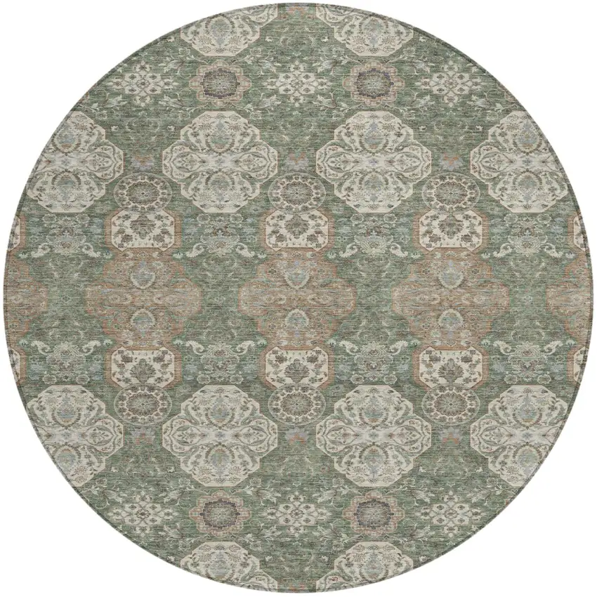 8' Green And Brown Round Floral Washable Indoor Outdoor Area Rug Photo 2