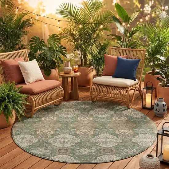 8' Green And Brown Round Floral Washable Indoor Outdoor Area Rug Photo 1