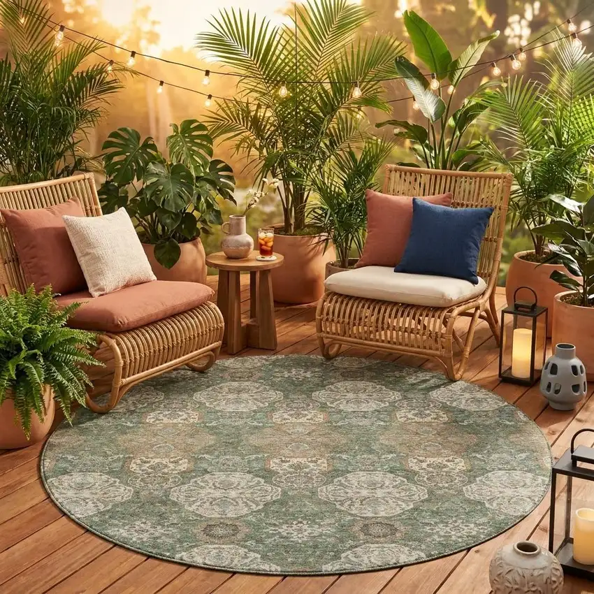 8' Green And Brown Round Floral Washable Indoor Outdoor Area Rug Photo 1