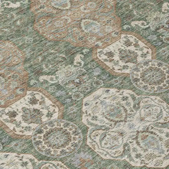 8' Green And Brown Round Floral Washable Indoor Outdoor Area Rug Photo 6