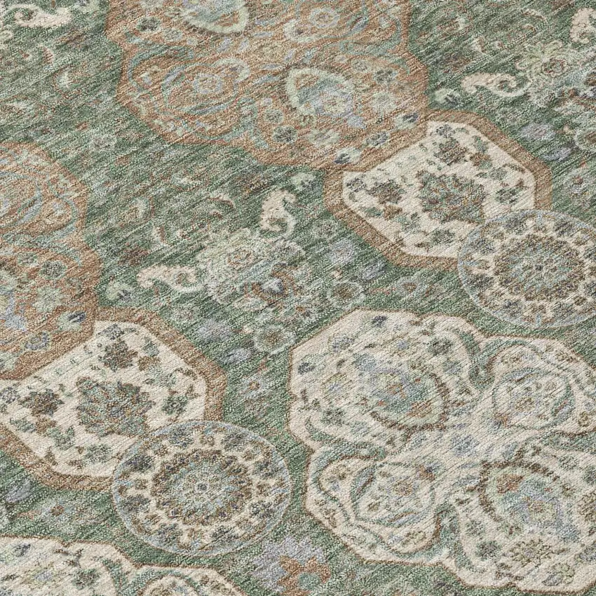8' Green And Brown Round Floral Washable Indoor Outdoor Area Rug Photo 6
