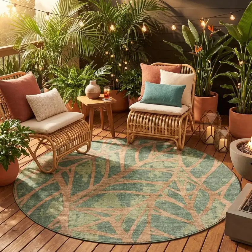 8' Green And Brown Round Floral Washable Indoor Outdoor Area Rug Photo 1