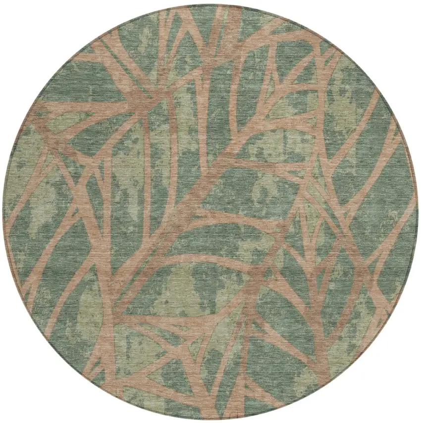 8' Green And Brown Round Floral Washable Indoor Outdoor Area Rug Photo 2