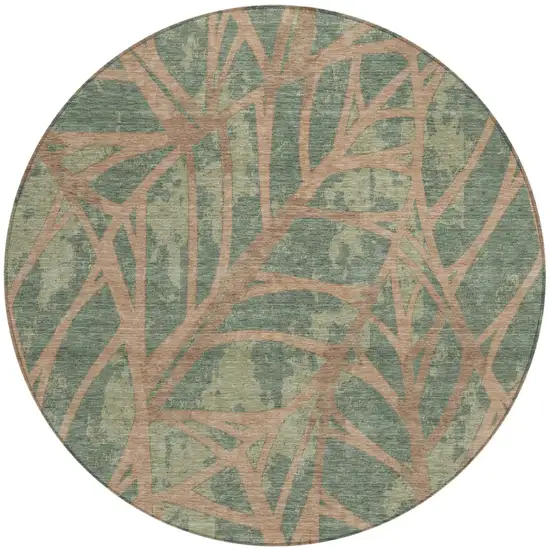 8' Green And Brown Round Floral Washable Indoor Outdoor Area Rug Photo 2