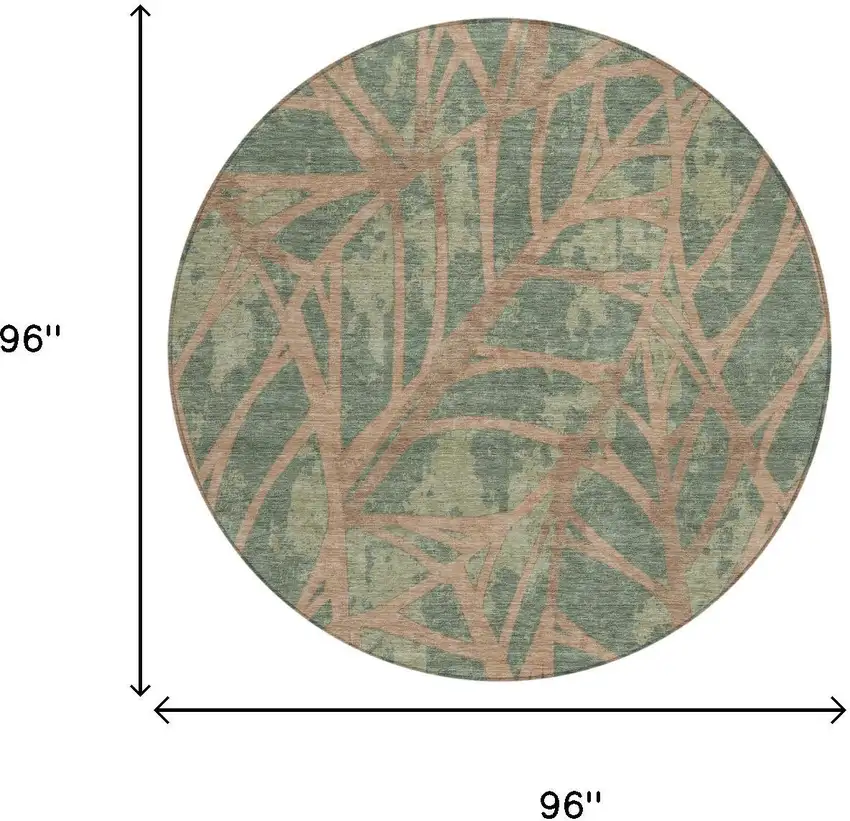 8' Green And Brown Round Floral Washable Indoor Outdoor Area Rug Photo 5