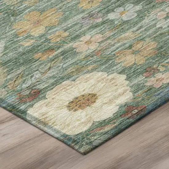 8' Green And Brown Round Floral Washable Indoor Outdoor Area Rug Photo 4