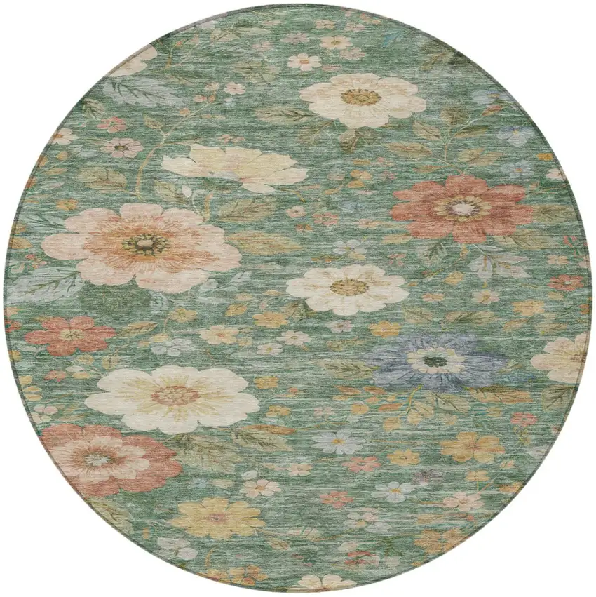 8' Green And Brown Round Floral Washable Indoor Outdoor Area Rug Photo 1