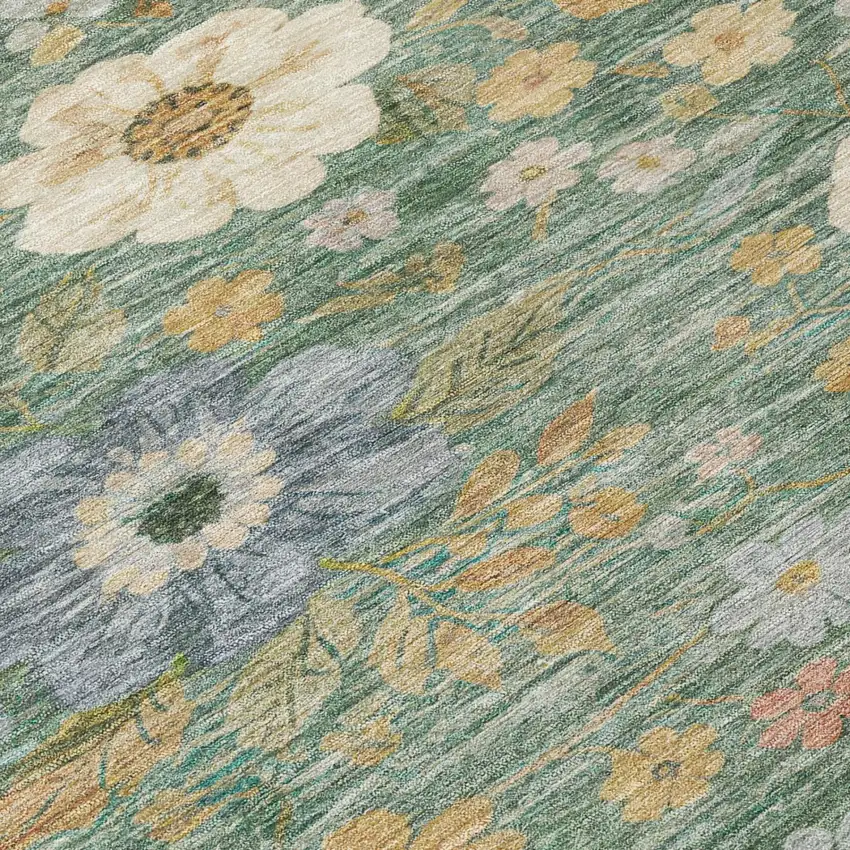8' Green And Brown Round Floral Washable Indoor Outdoor Area Rug Photo 5