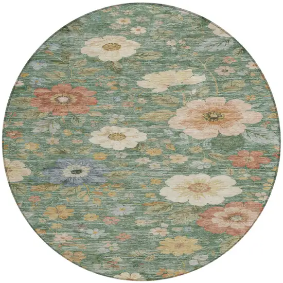8' Green And Brown Round Floral Washable Indoor Outdoor Area Rug Photo 3