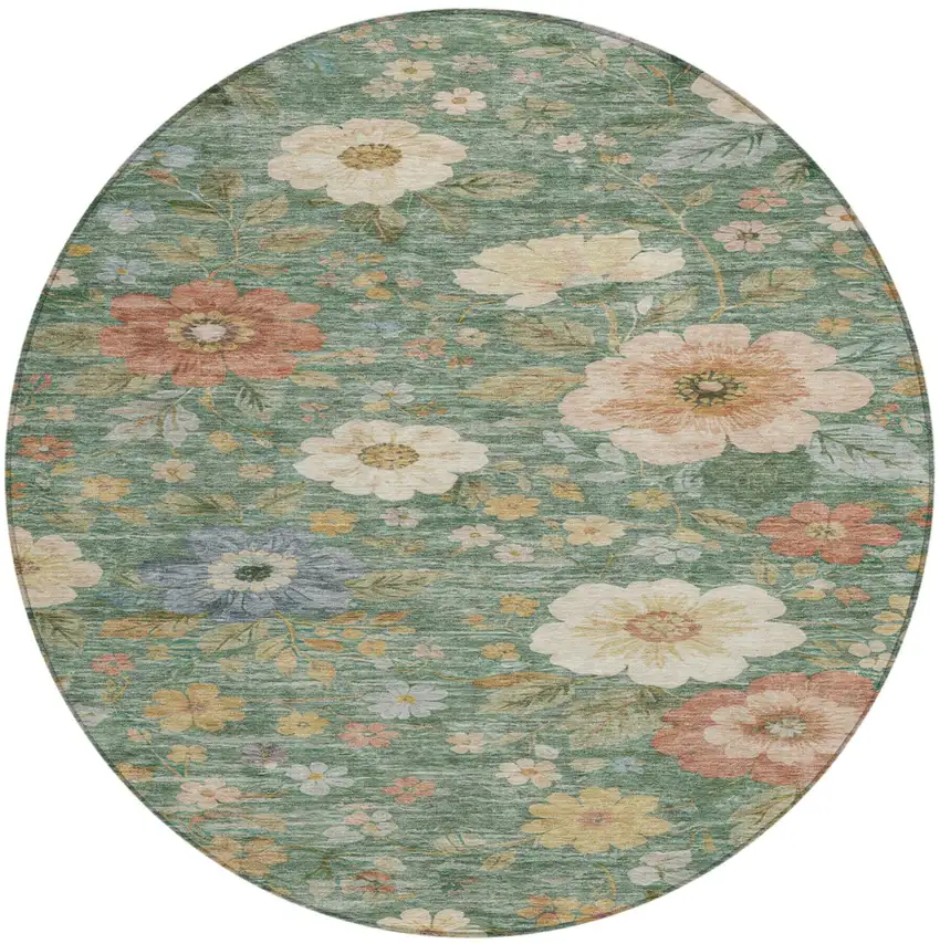 8' Green And Brown Round Floral Washable Indoor Outdoor Area Rug Photo 3