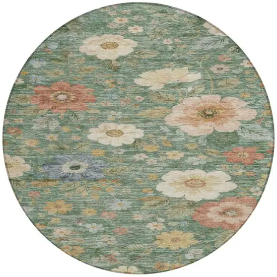8' Green And Brown Round Floral Washable Indoor Outdoor Area Rug Photo 2