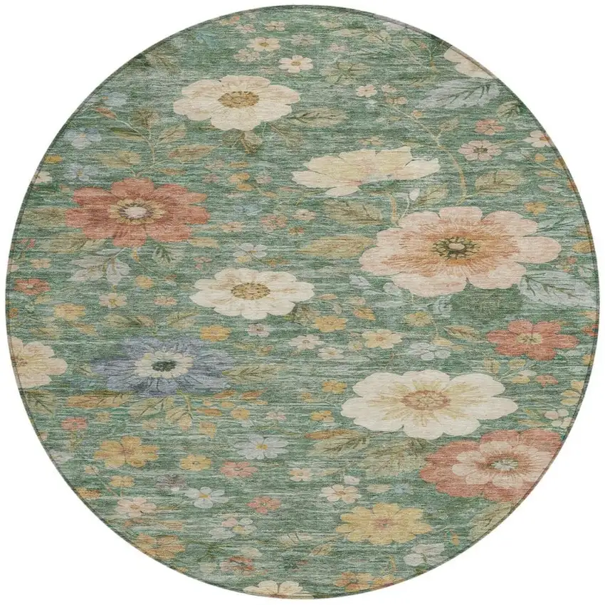 8' Green And Brown Round Floral Washable Indoor Outdoor Area Rug Photo 2