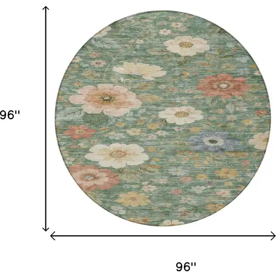 8' Green And Brown Round Floral Washable Indoor Outdoor Area Rug Photo 6