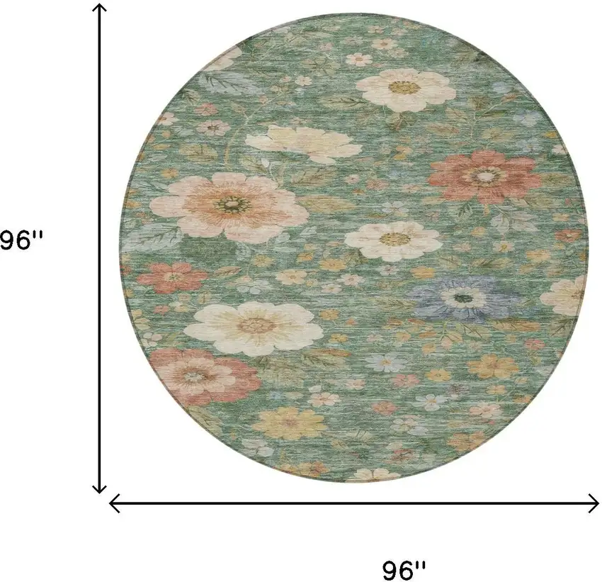 8' Green And Brown Round Floral Washable Indoor Outdoor Area Rug Photo 6