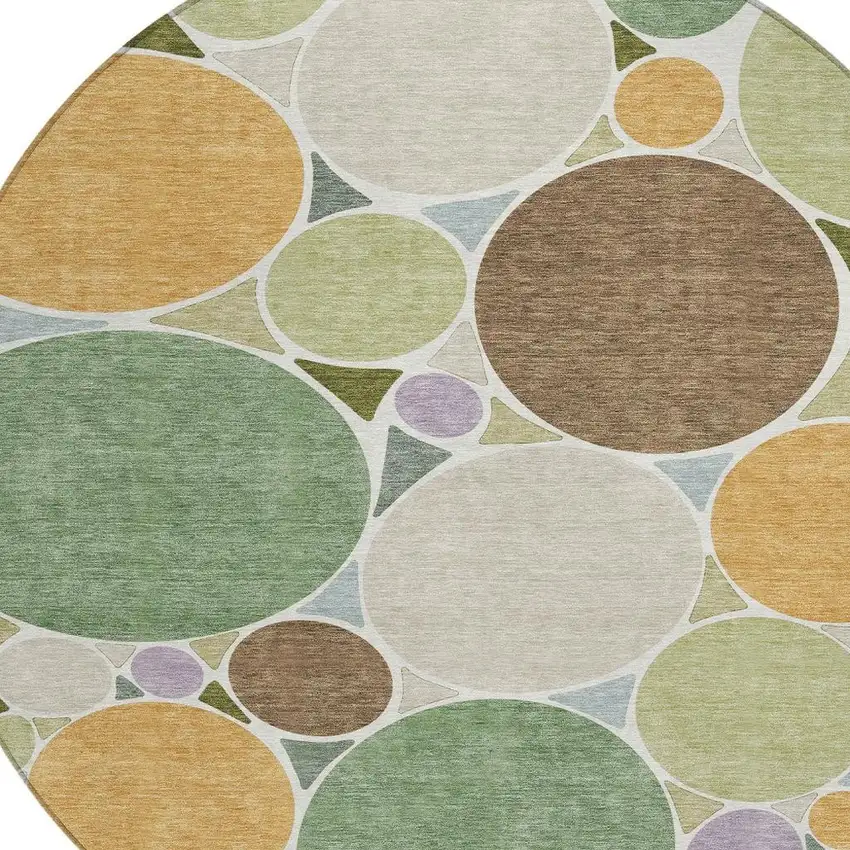 8' Green And Brown Round Geometric Washable Indoor Outdoor Area Rug Photo 3