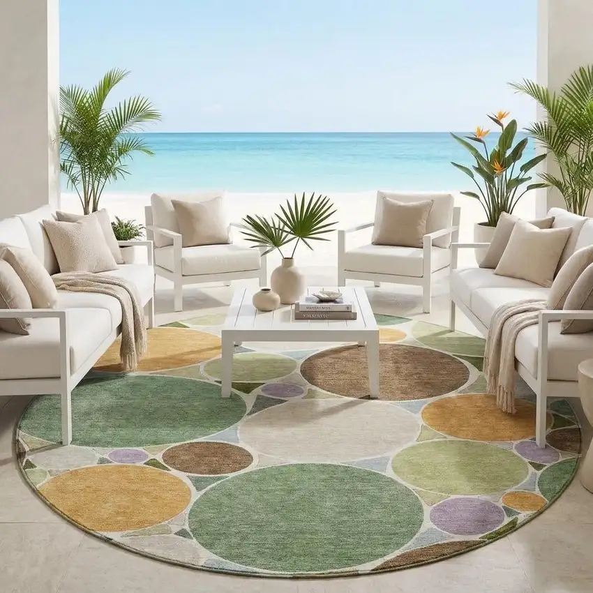 8' Green And Brown Round Geometric Washable Indoor Outdoor Area Rug Photo 1