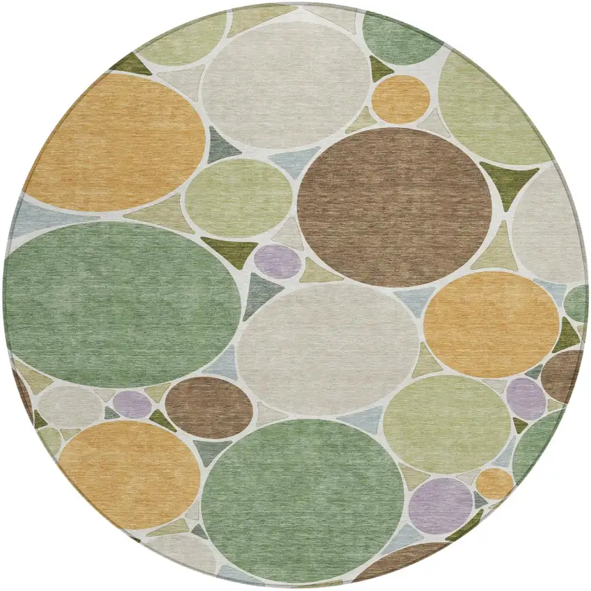 8' Green And Brown Round Geometric Washable Indoor Outdoor Area Rug Photo 2