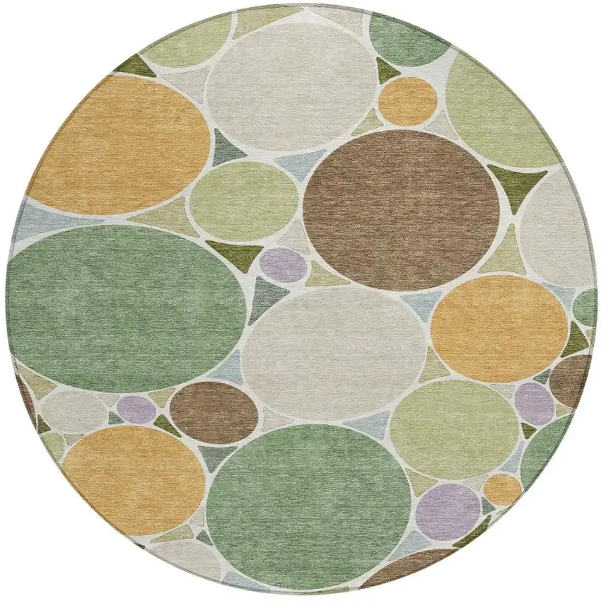 8' Green And Brown Round Geometric Washable Indoor Outdoor Area Rug Photo 4