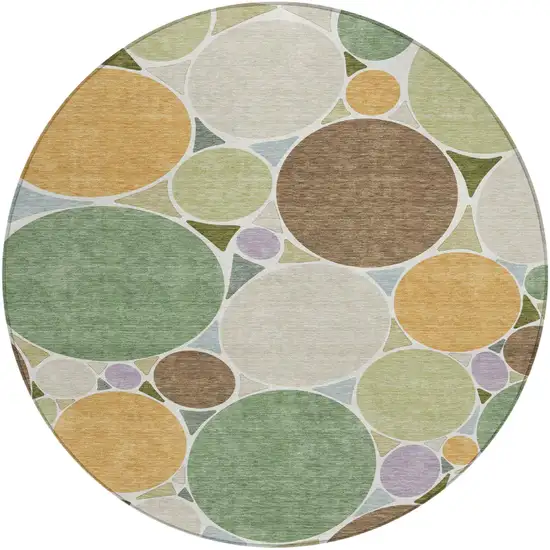 8' Green And Brown Round Geometric Washable Indoor Outdoor Area Rug Photo 2