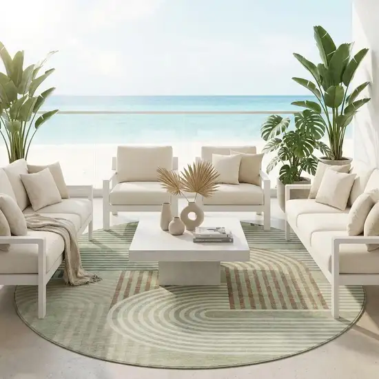 8' Green And Brown Round Geometric Washable Indoor Outdoor Area Rug Photo 1