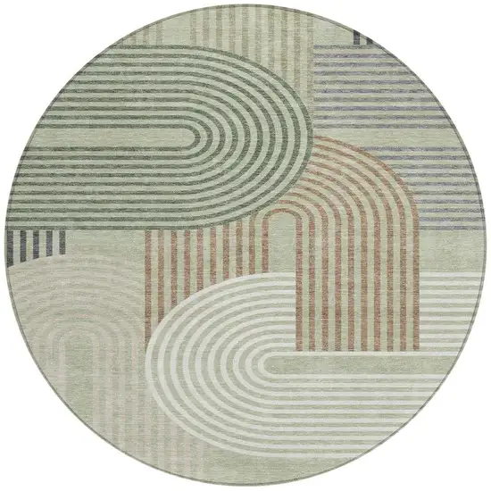 8' Green And Brown Round Geometric Washable Indoor Outdoor Area Rug Photo 4
