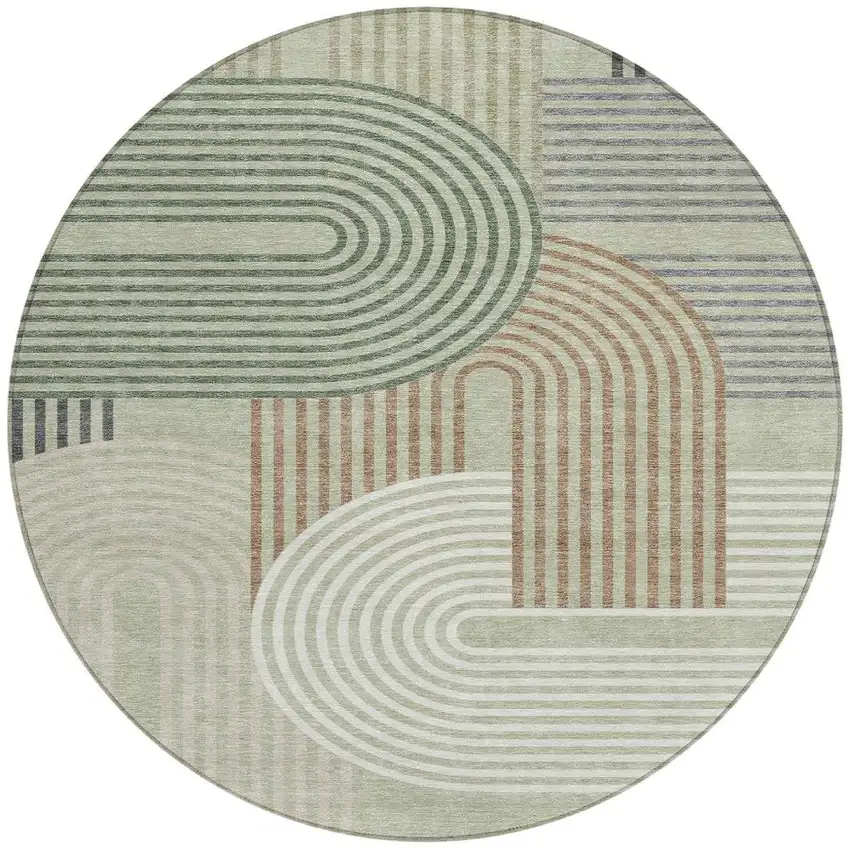 8' Green And Brown Round Geometric Washable Indoor Outdoor Area Rug Photo 4