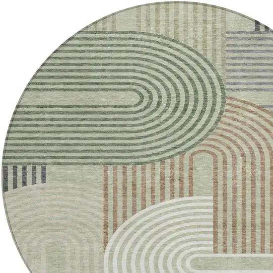 8' Green And Brown Round Geometric Washable Indoor Outdoor Area Rug Photo 3