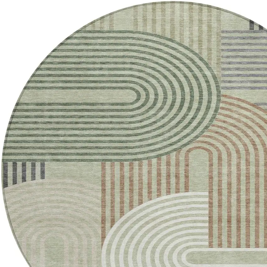 8' Green And Brown Round Geometric Washable Indoor Outdoor Area Rug Photo 3