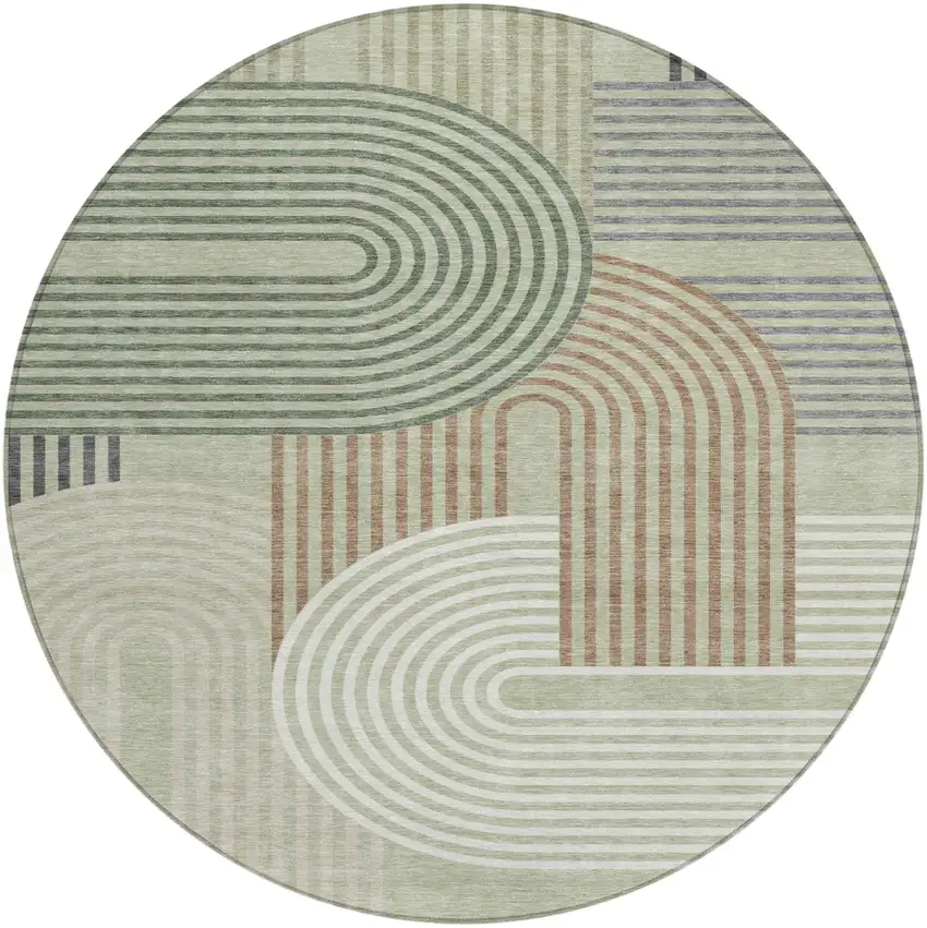 8' Green And Brown Round Geometric Washable Indoor Outdoor Area Rug Photo 2