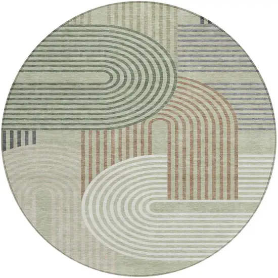 8' Green And Brown Round Geometric Washable Indoor Outdoor Area Rug Photo 2