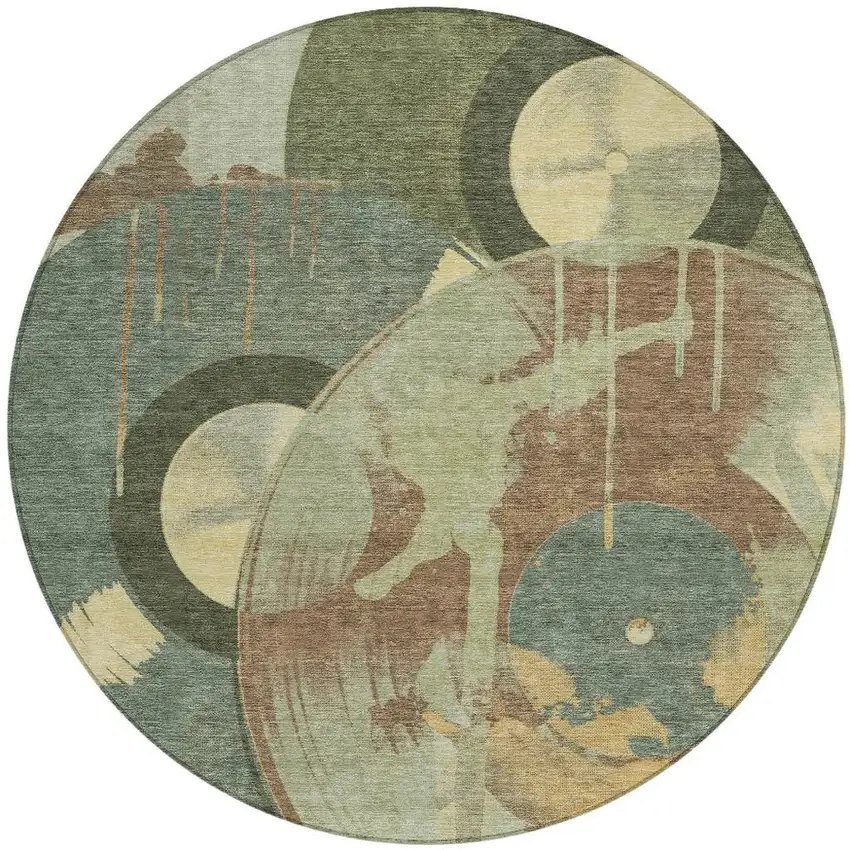 8' Green And Brown Round Geometric Washable Indoor Outdoor Area Rug Photo 3
