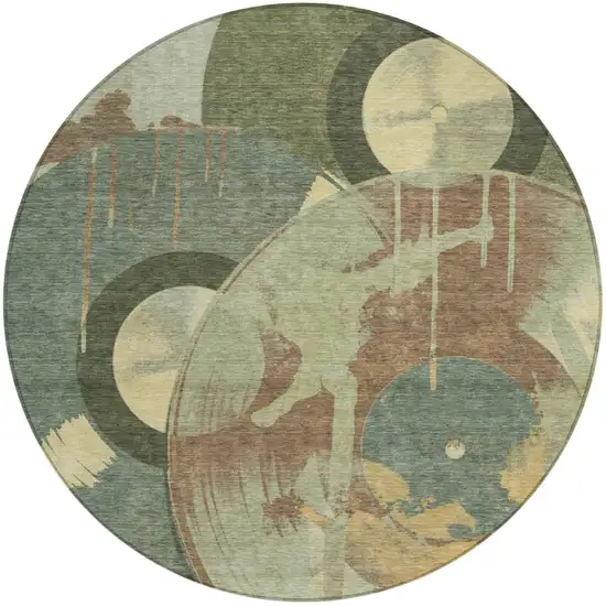 8' Green And Brown Round Geometric Washable Indoor Outdoor Area Rug Photo 1