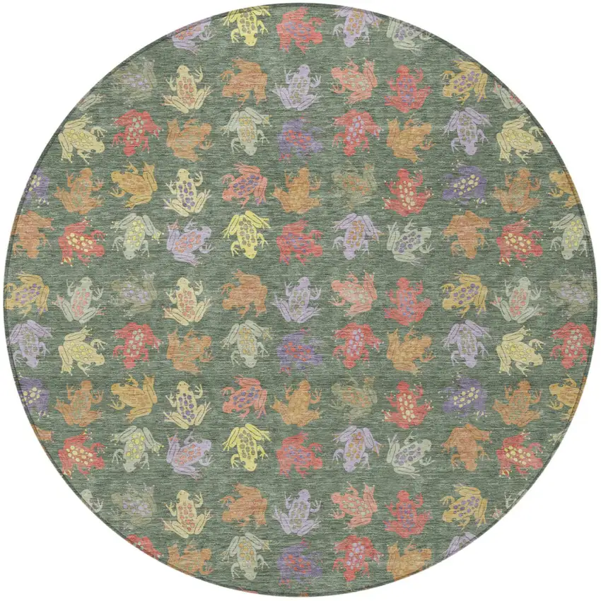 8' Green And Brown Round Geometric Washable Indoor Outdoor Area Rug Photo 3