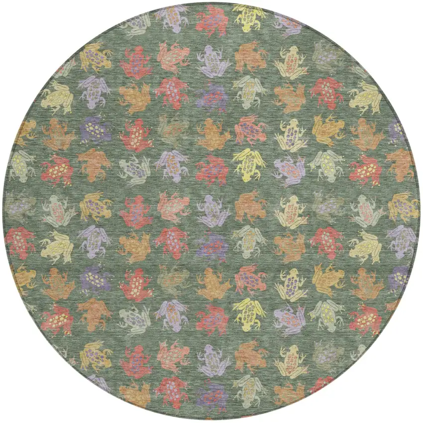 8' Green And Brown Round Geometric Washable Indoor Outdoor Area Rug Photo 1