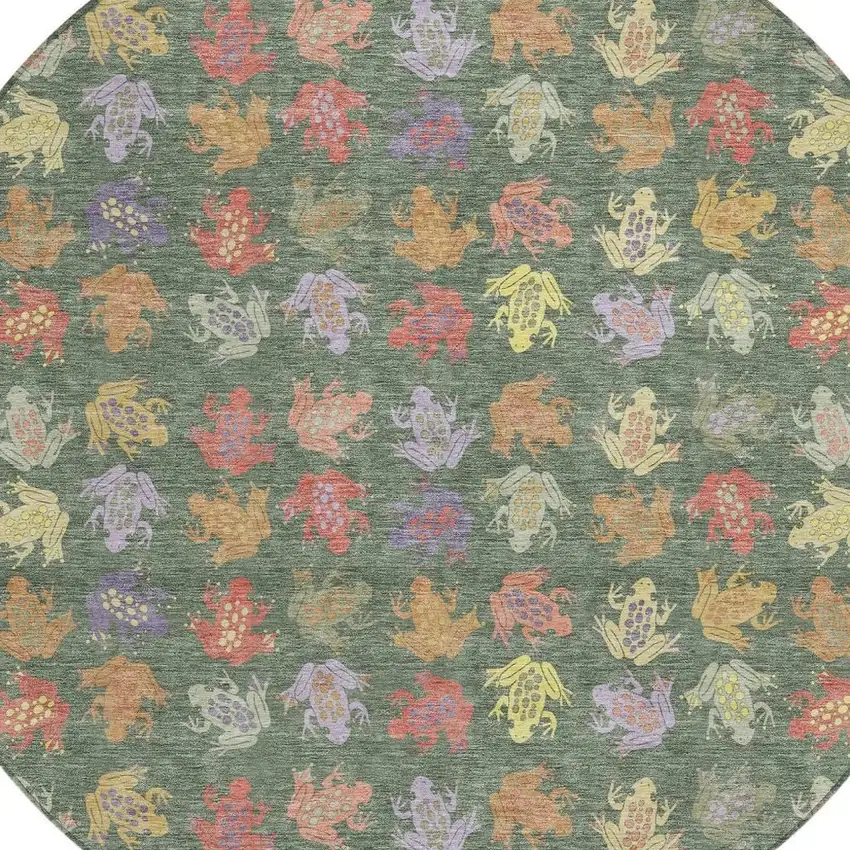 8' Green And Brown Round Geometric Washable Indoor Outdoor Area Rug Photo 2