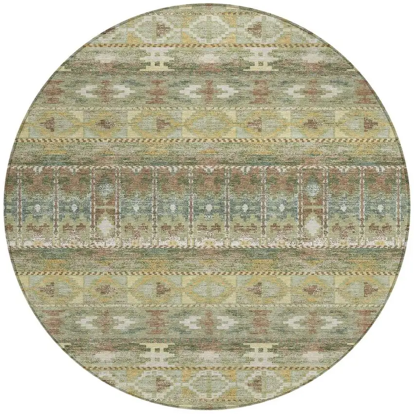 8' Green And Brown Round Geometric Washable Indoor Outdoor Area Rug Photo 3