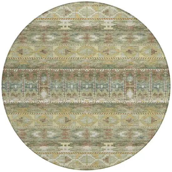 8' Green And Brown Round Geometric Washable Indoor Outdoor Area Rug Photo 3