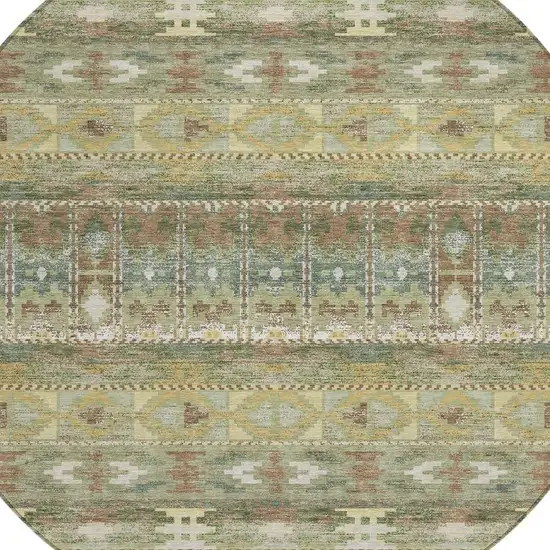 8' Green And Brown Round Geometric Washable Indoor Outdoor Area Rug Photo 2