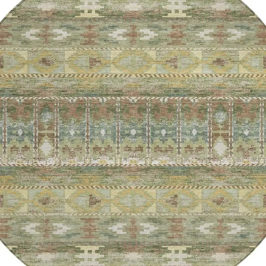 8' Green And Brown Round Geometric Washable Indoor Outdoor Area Rug Photo 2