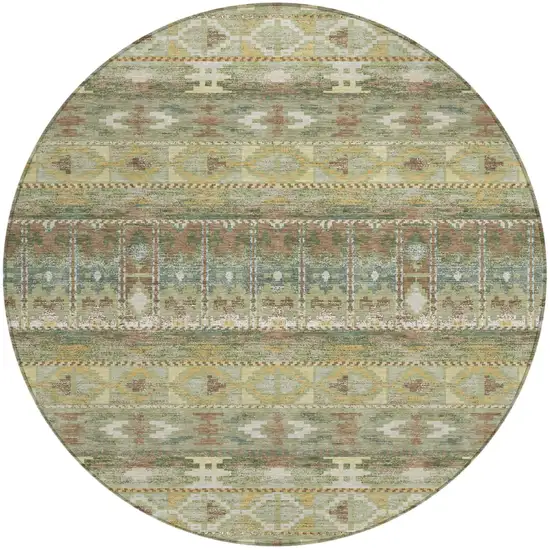 8' Green And Brown Round Geometric Washable Indoor Outdoor Area Rug Photo 1