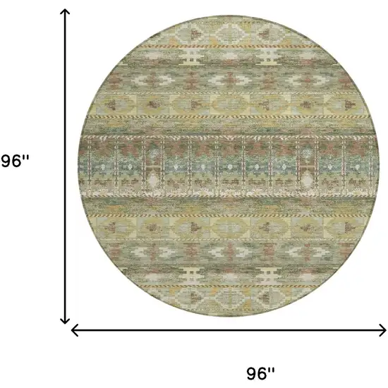 8' Green And Brown Round Geometric Washable Indoor Outdoor Area Rug Photo 6