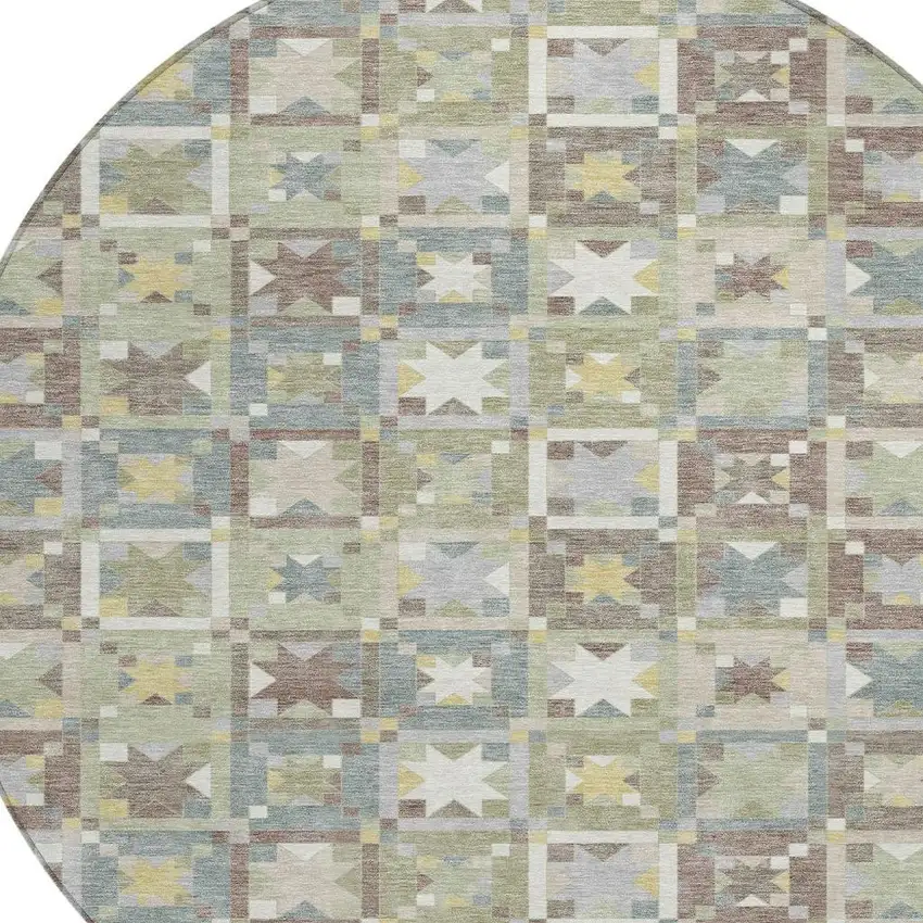 8' Green And Brown Round Patchwork Washable Indoor Outdoor Area Rug Photo 3